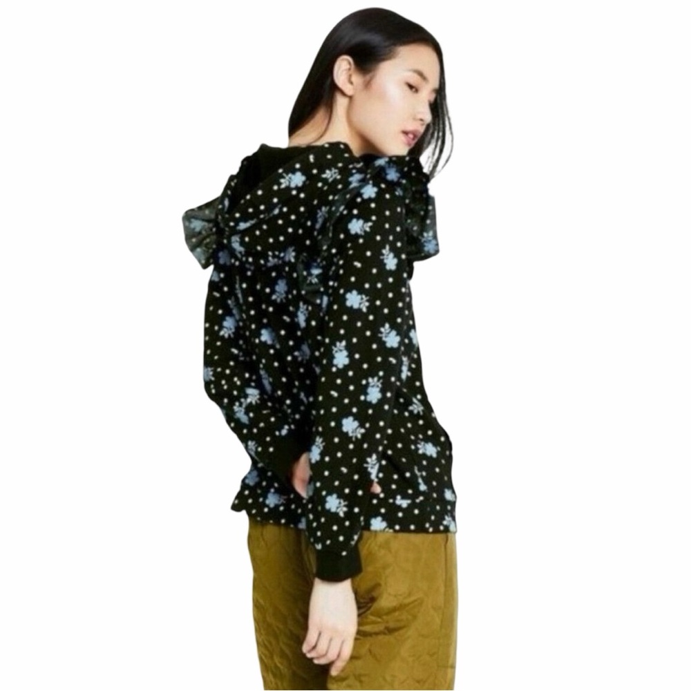 Sandy Liang Black Hoodie with Blue Floral and White Polka Dots - Picture 2 of 6